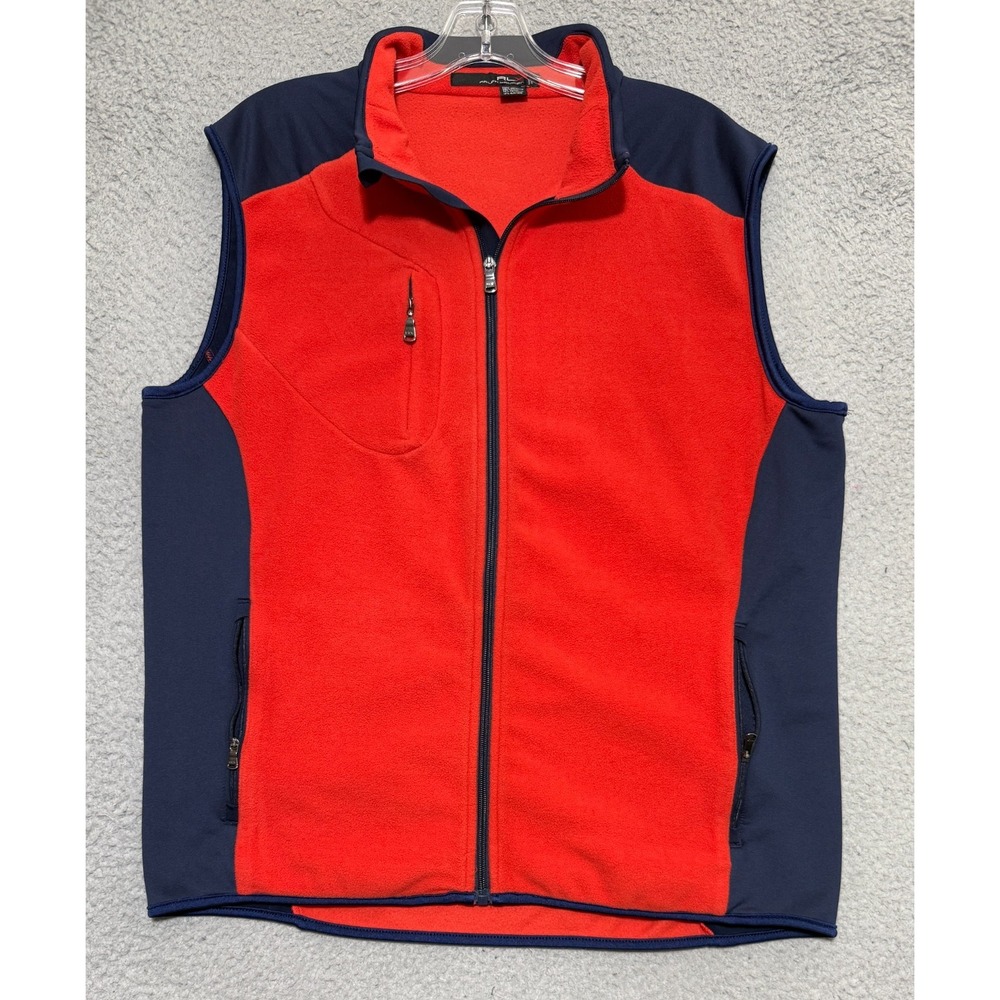 Ralph Lauren RLX Full Zip Fleece Vest Orange/Navy Mens Large Stretch Colorblock